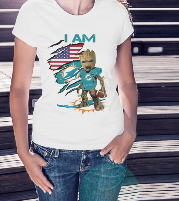 I Am Miami Dolphins Baby Groot American Flag Football T-Shirt