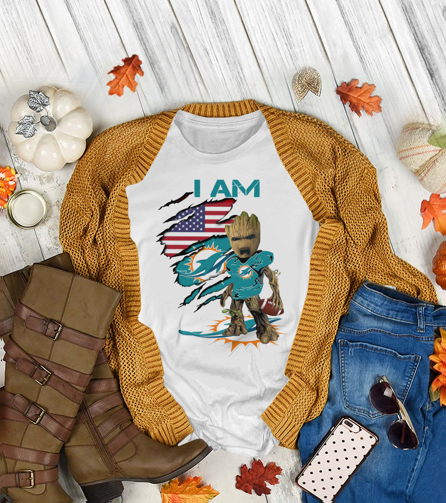 I Am Miami Dolphins Baby Groot American Flag Football T-Shirt