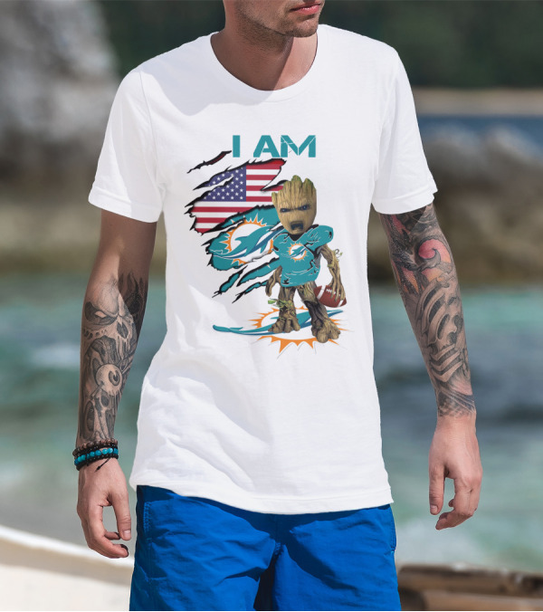 I Am Miami Dolphins Baby Groot American Flag Football T-Shirt