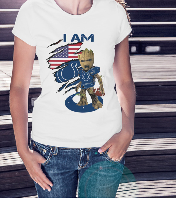 I Am Colts Baby Groot American Flag Football T-Shirt