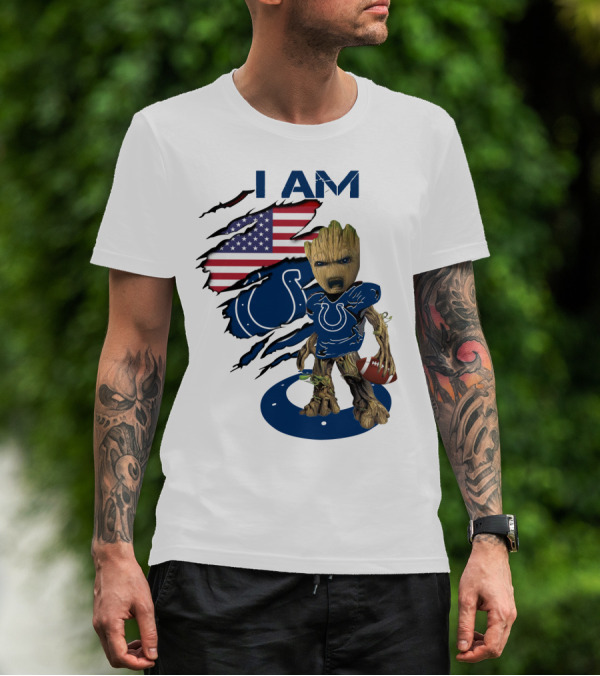 I Am Colts Baby Groot American Flag Football T-Shirt