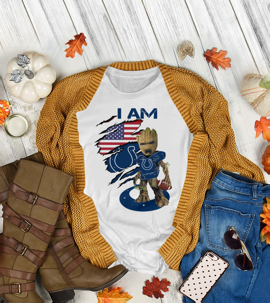 I Am Colts Baby Groot American Flag Football T-Shirt