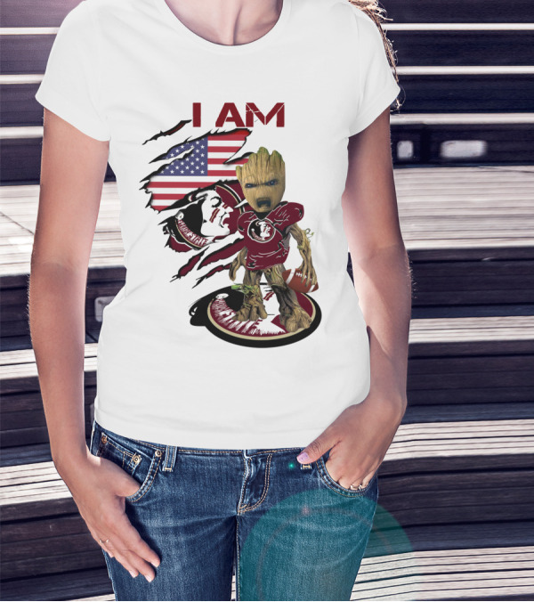 I Am Florida State University Baby Groot With American Flag And Football T-Shirt