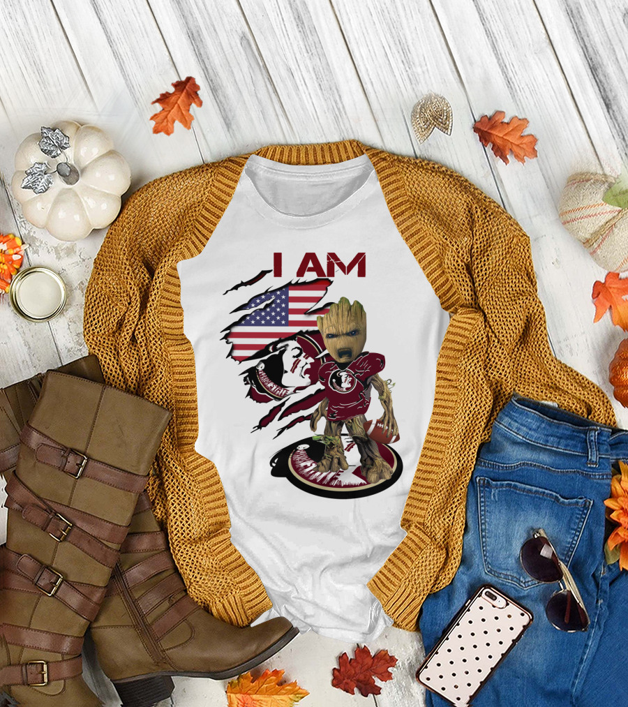 I Am Florida State University Baby Groot with American Flag and Football T-Shirt