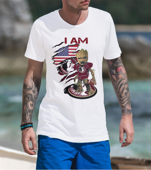 I Am Florida State University Baby Groot With American Flag And Football T-Shirt