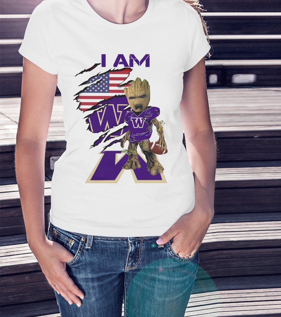 I AM Hukies W Baby Groot Football American Flag T-Shirt