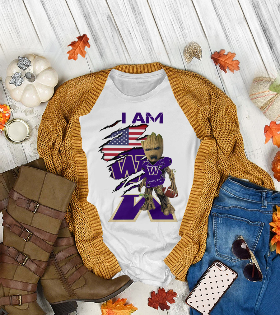 I AM Hukies W Baby Groot Football American Flag T-Shirt