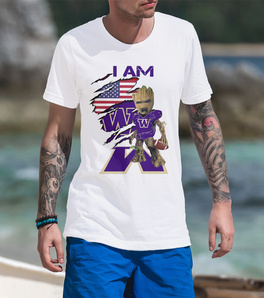I AM Hukies W Baby Groot Football American Flag T-Shirt