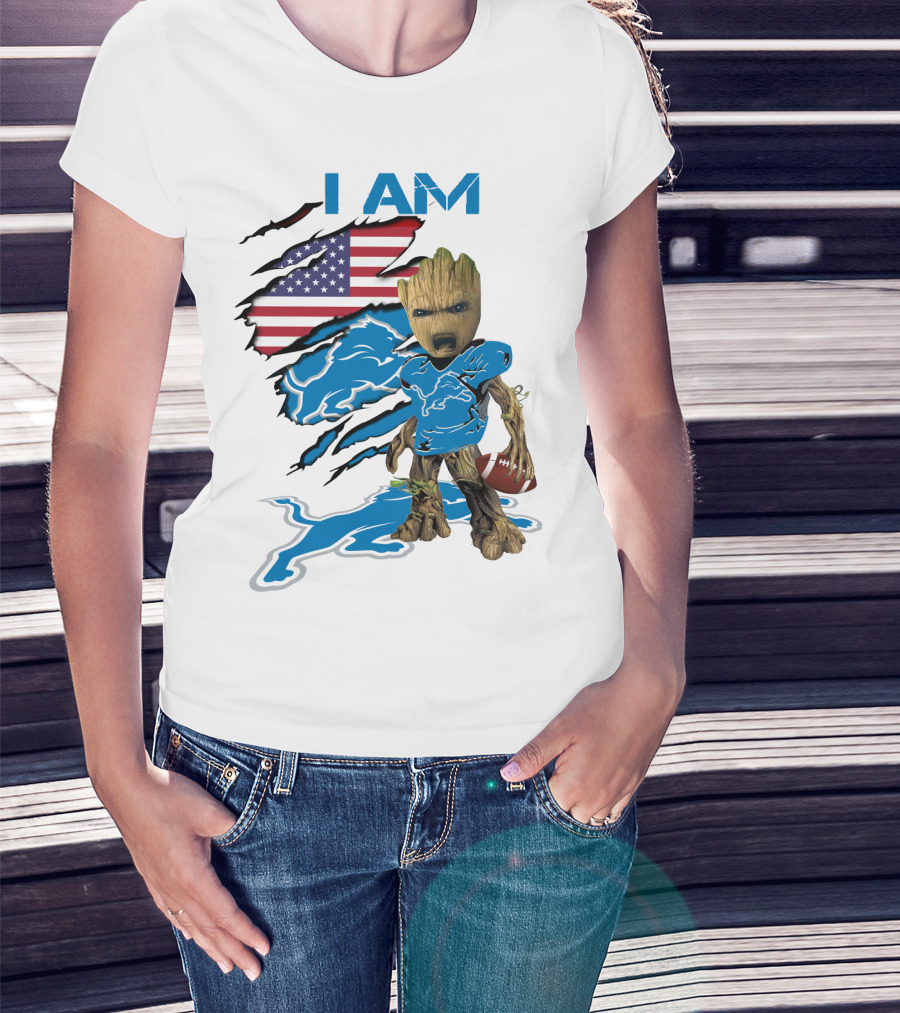 I AM Lions Baby Groot Football American Flag T-Shirt
