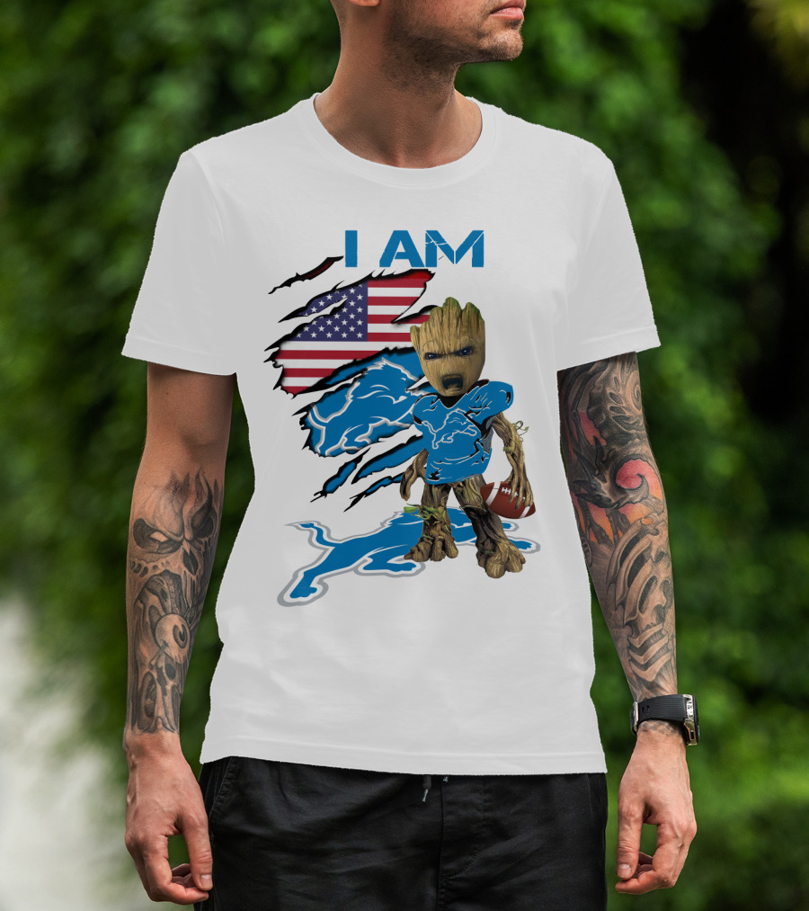 I AM Lions Baby Groot Football American Flag T-Shirt