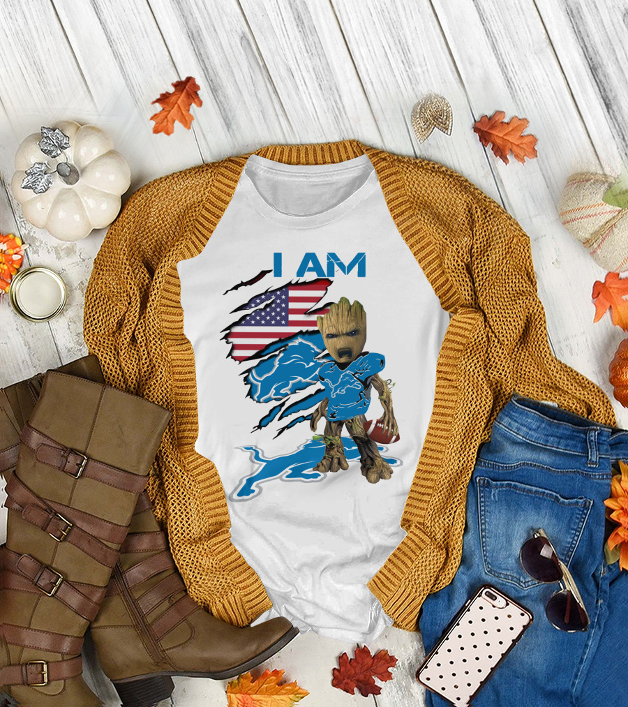 I AM Lions Baby Groot Football American Flag T-Shirt