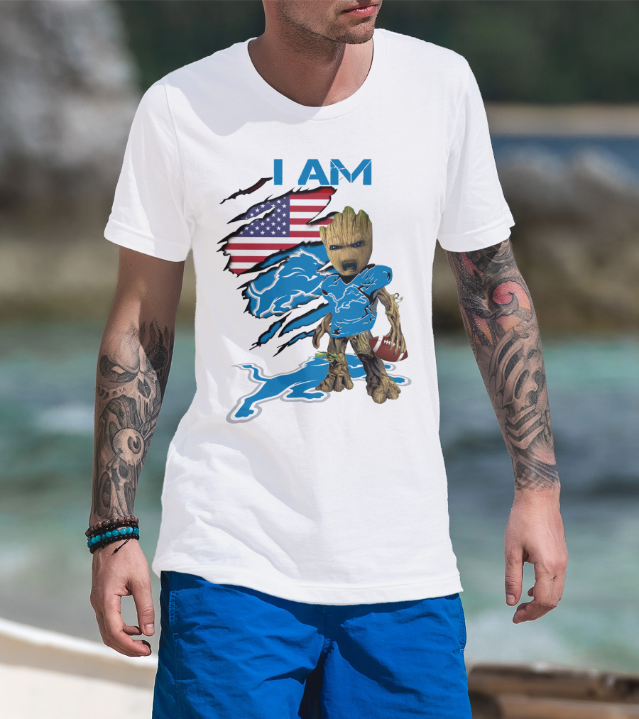 I AM Lions Baby Groot Football American Flag T-Shirt