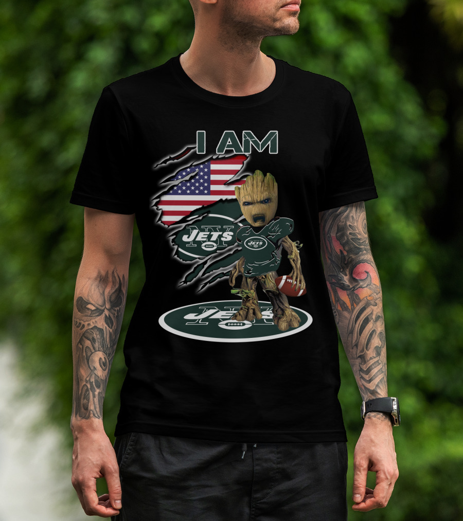 I Am Jets Baby Groot American Flag Football T-Shirt