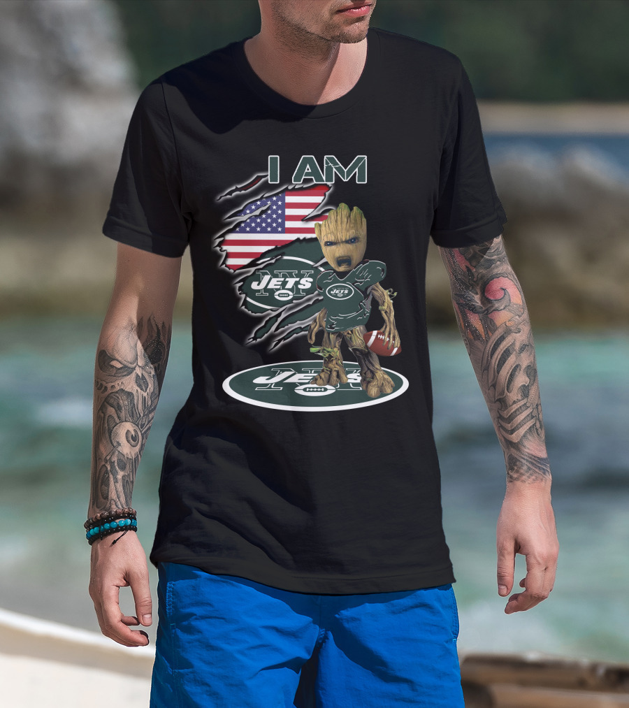 I Am Jets Baby Groot American Flag Football T-Shirt