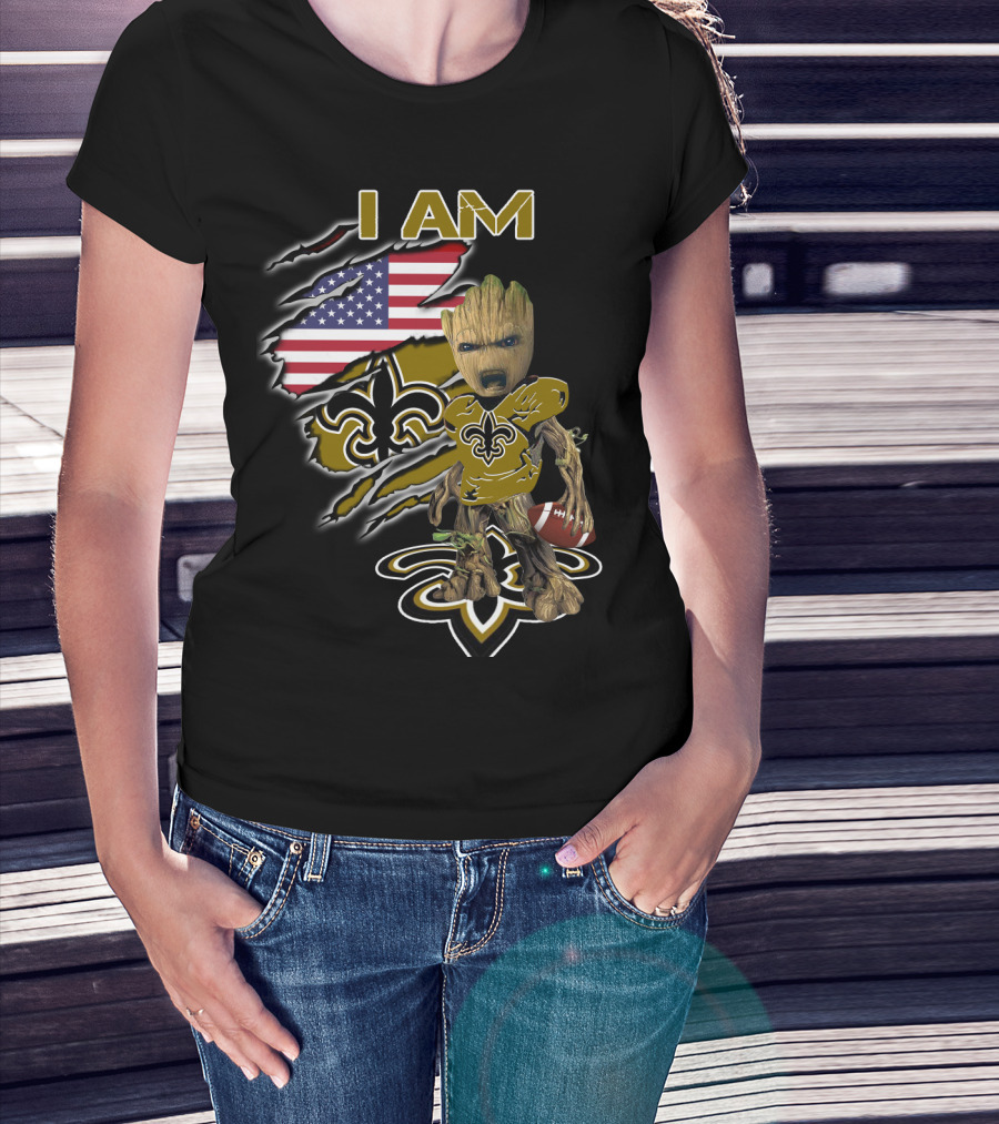 I Am Saints Baby Groot American Flag Football Fleur De Lis T-Shirt