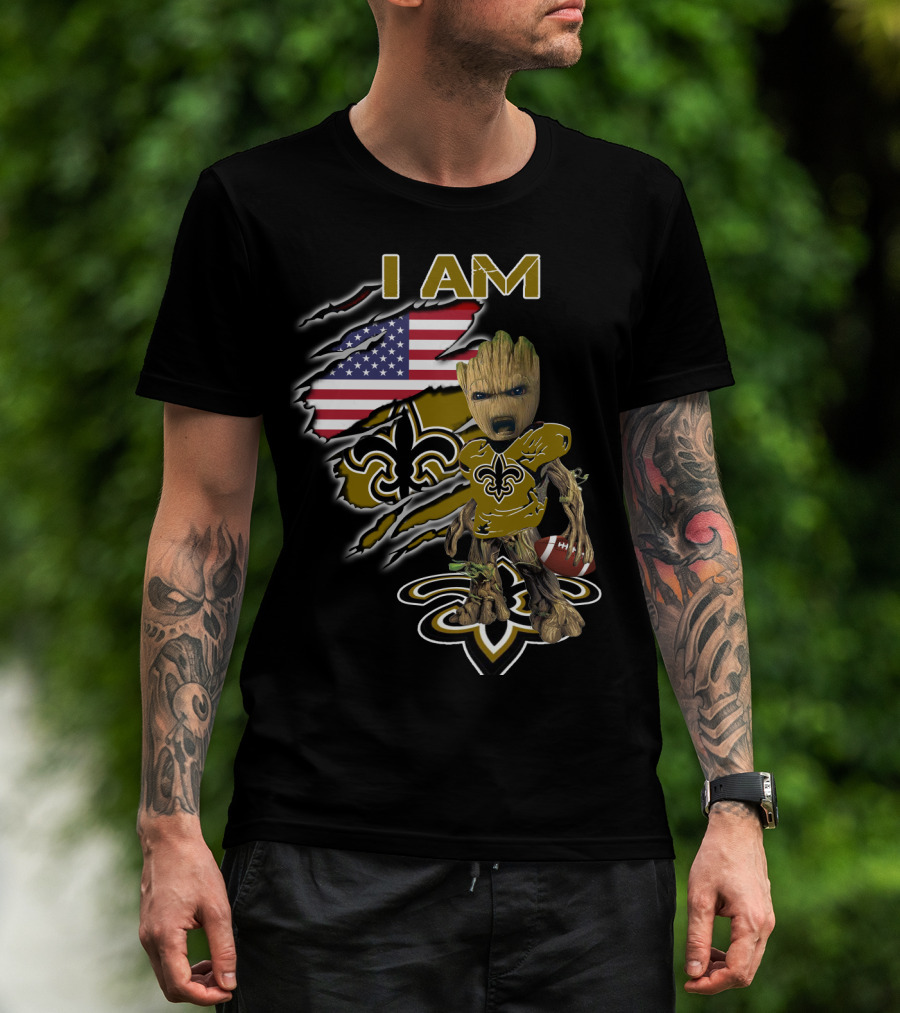 I Am Saints Baby Groot American Flag Football Fleur De Lis T-Shirt