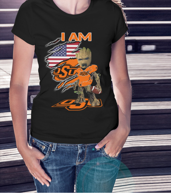I Am OSU Baby Groot Football American Flag T-Shirt