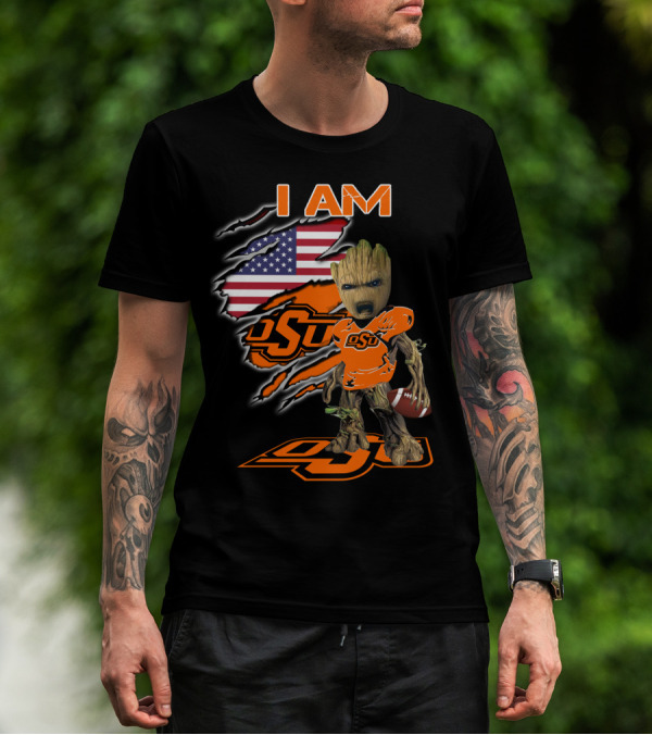 I Am OSU Baby Groot Football American Flag T-Shirt