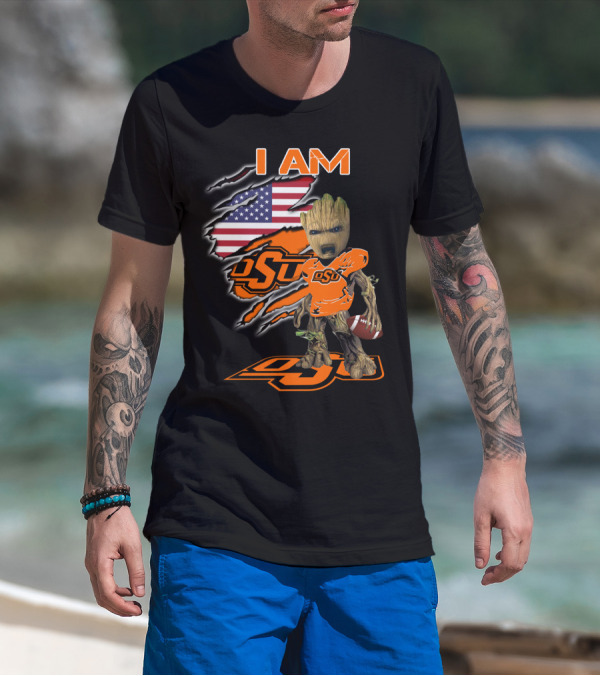 I Am OSU Baby Groot Football American Flag T-Shirt
