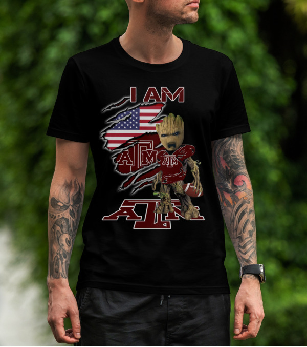 I AM ATM Baby Groot American Flag Football T-Shirt