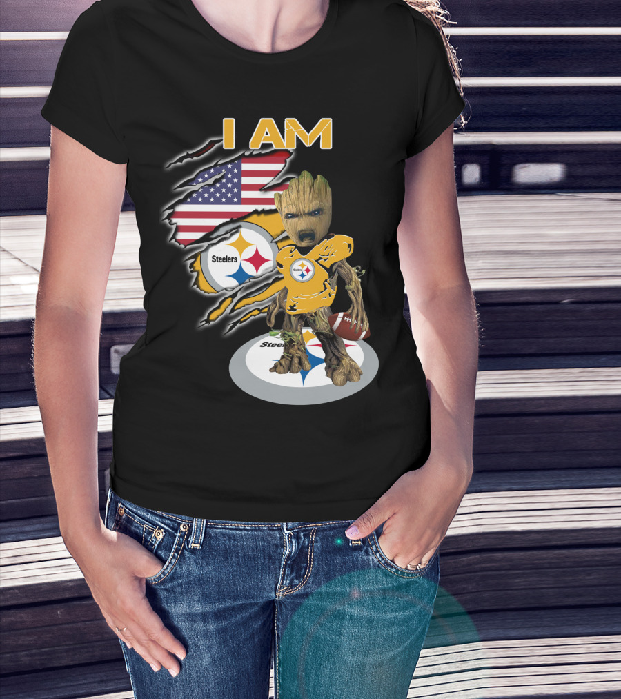 I Am Steelers Baby Groot American Flag Football Nfl Character T-Shirt