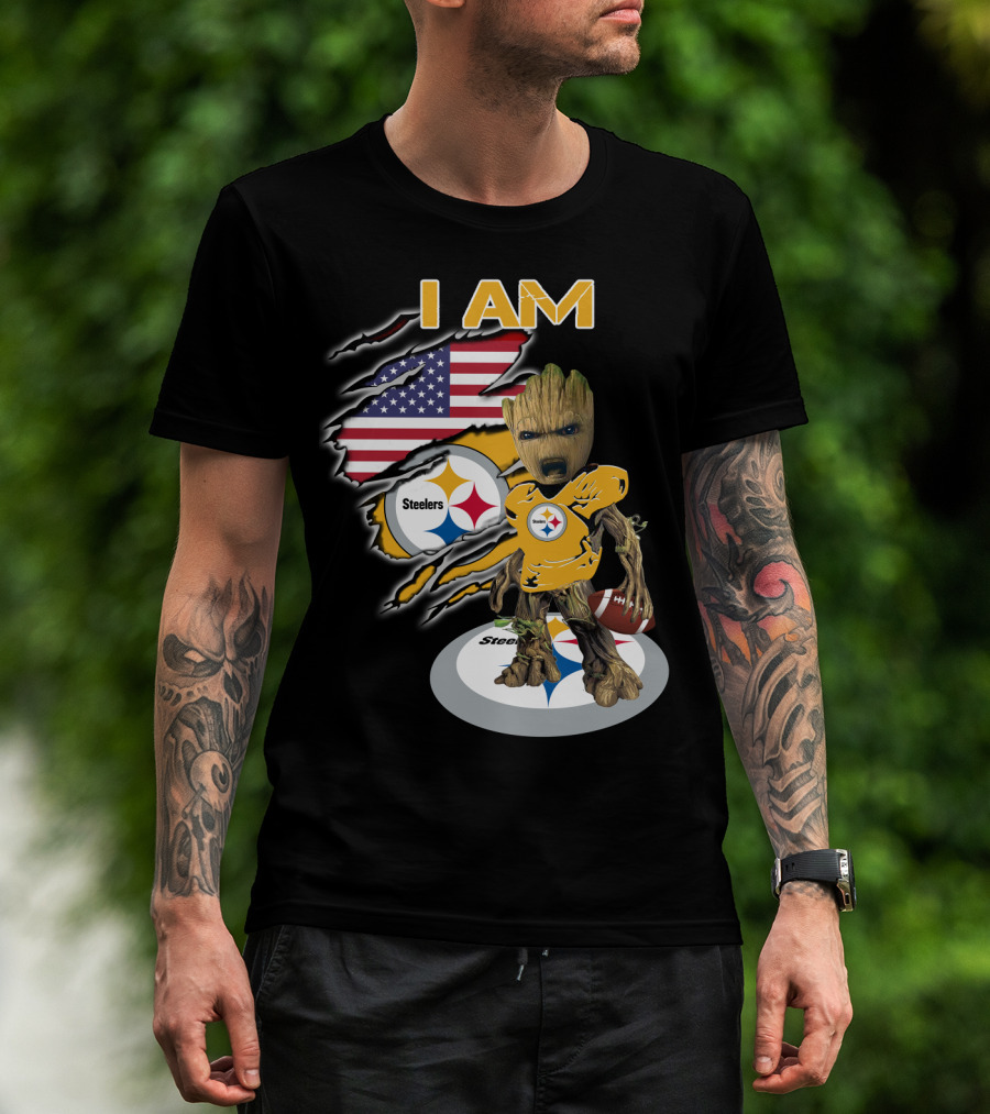I Am Steelers Baby Groot American Flag Football Nfl Character T-Shirt