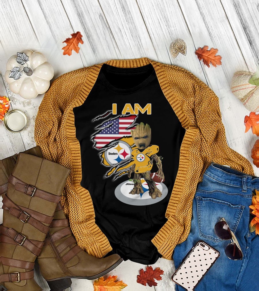 I Am Steelers Baby Groot American Flag Football Nfl Character T-Shirt