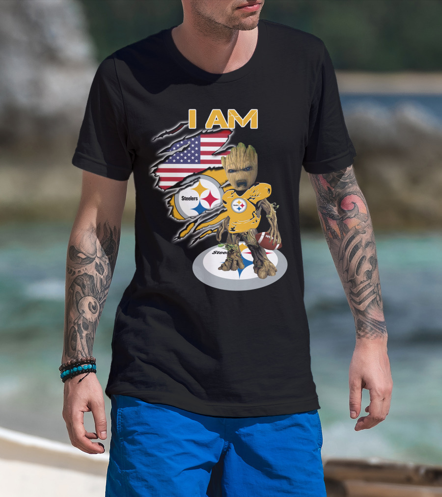I Am Steelers Baby Groot American Flag Football Nfl Character T-Shirt