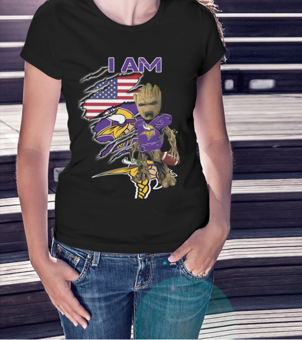 I AM Vikings Baby Groot American Flag Football T-Shirt