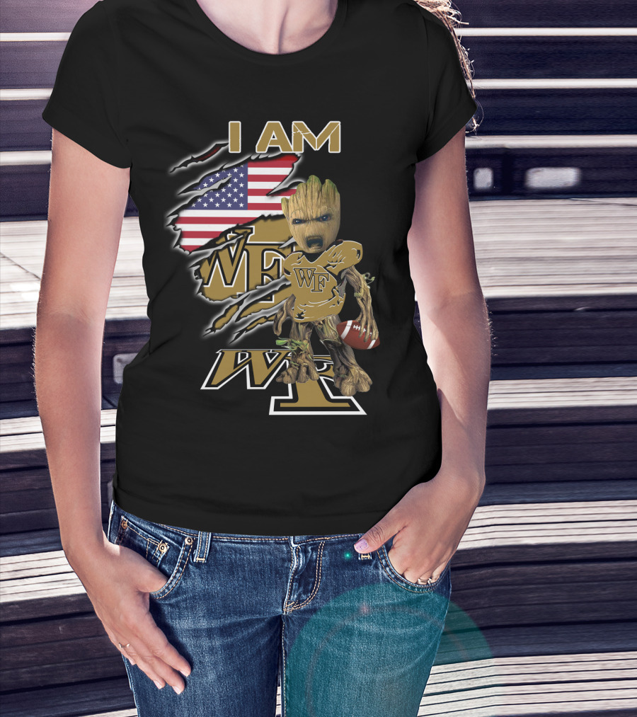 I Am Wf Wake Forest Baby Groot American Flag Football T-Shirt
