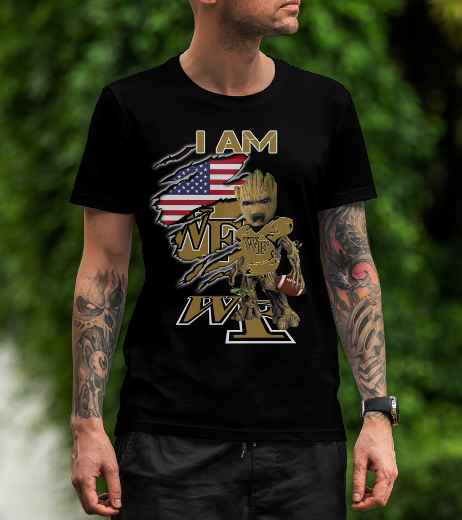 I Am Wf Wake Forest Baby Groot American Flag Football T-Shirt