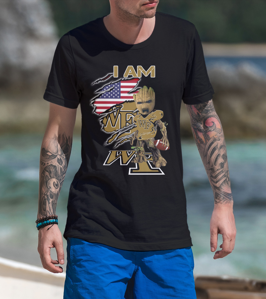 I Am Wf Wake Forest Baby Groot American Flag Football T-Shirt