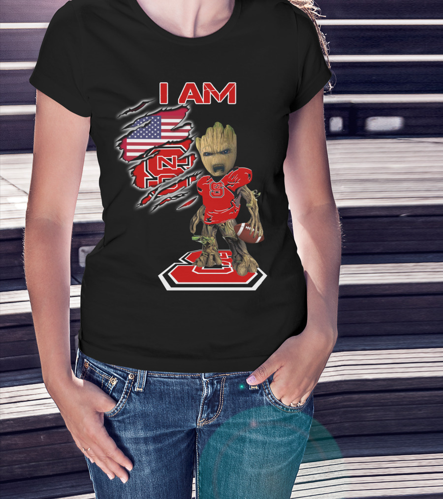 I Am Nc State Baby Groot Football American Flag Usa T-Shirt