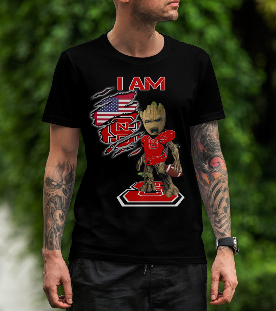 I Am Nc State Baby Groot Football American Flag Usa T-Shirt