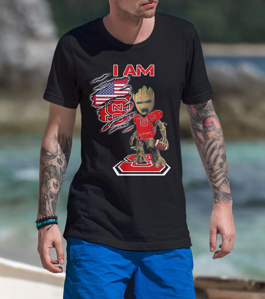 I Am Nc State Baby Groot Football American Flag Usa T-Shirt