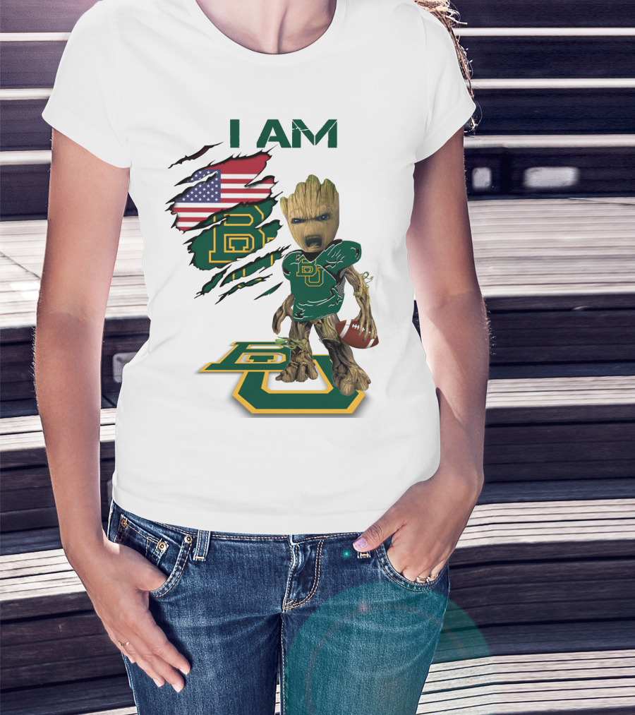 I Am Baylor Baby Groot Football Usa Flag T-Shirt