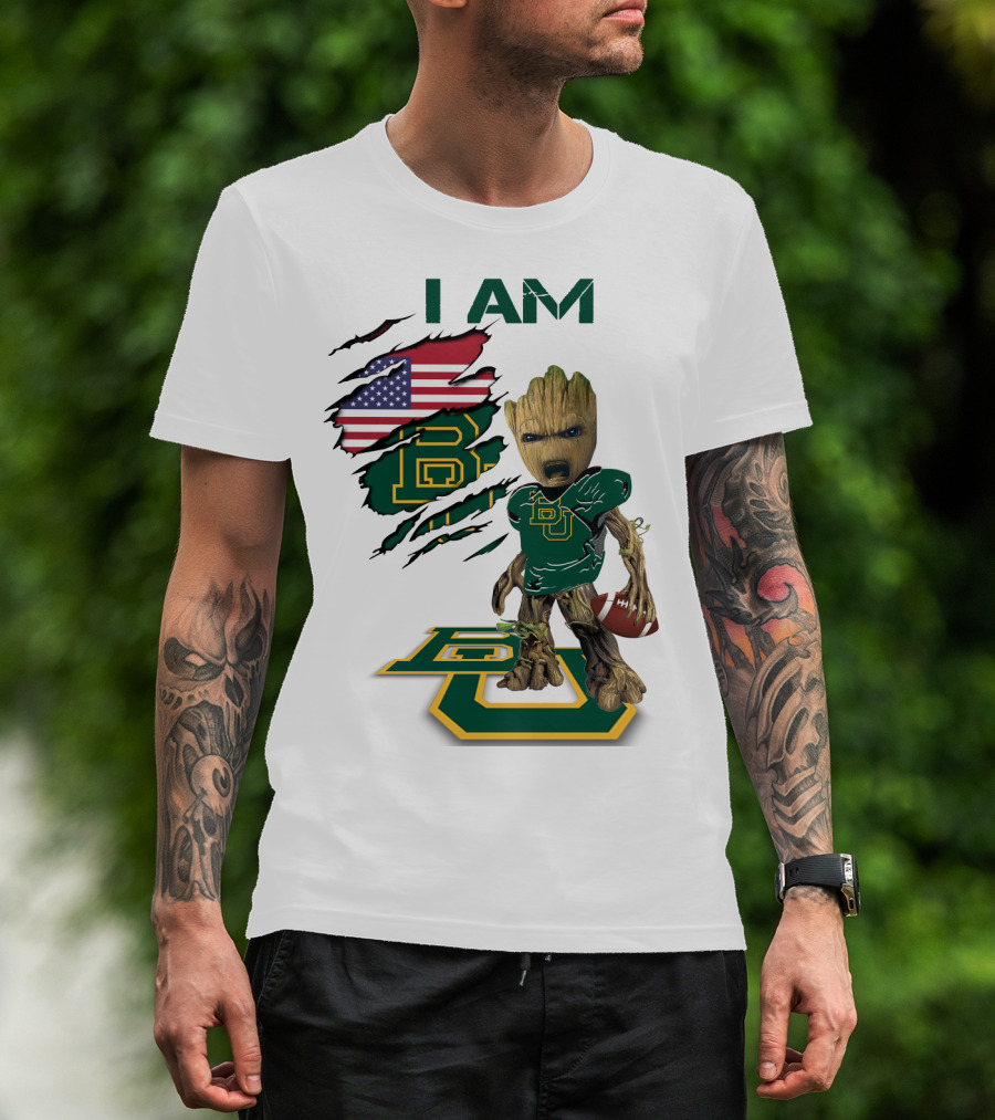 I Am Baylor Baby Groot Football Usa Flag T-Shirt
