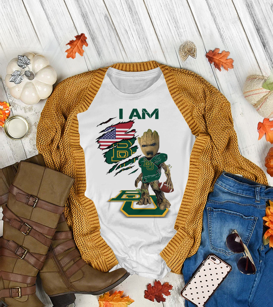 I Am Baylor Baby Groot Football Usa Flag T-Shirt