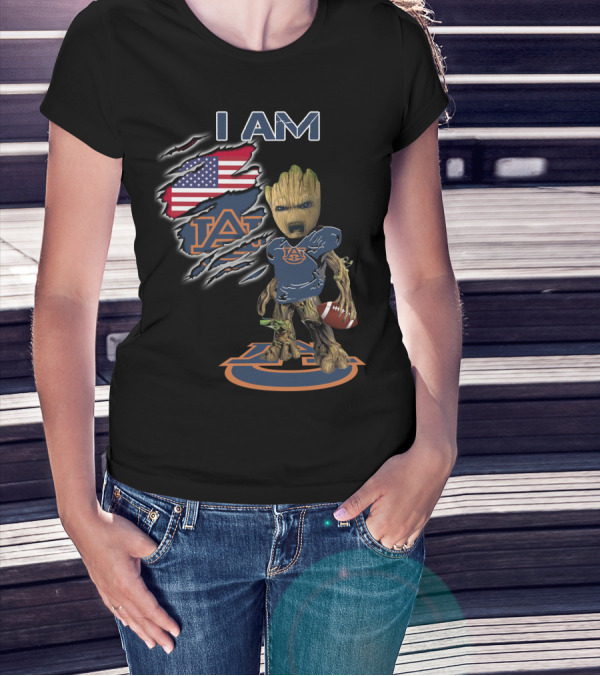 I Am Auburn Baby Groot Football USA Flag T-Shirt