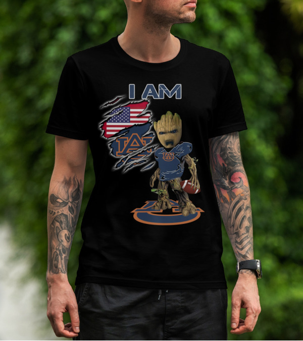 I Am Auburn Baby Groot Football USA Flag T-Shirt