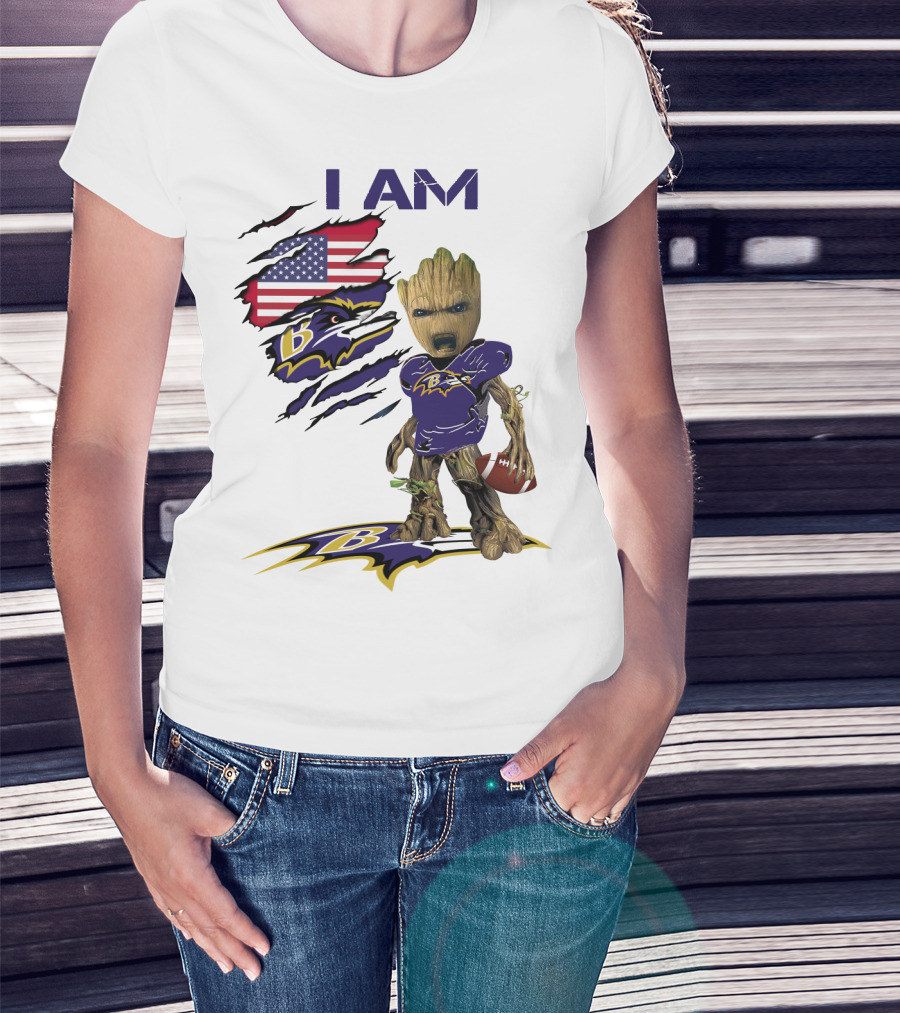 I Am Baby Groot Baltimore Ravens American Flag Football T-Shirt