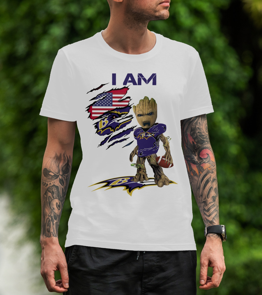 I Am Baby Groot Baltimore Ravens American Flag Football T-Shirt
