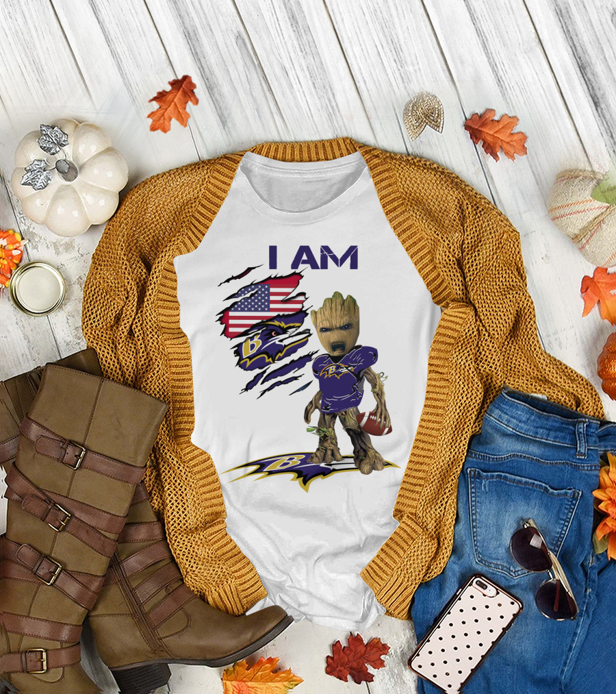 I Am Baby Groot Baltimore Ravens American Flag Football T-Shirt