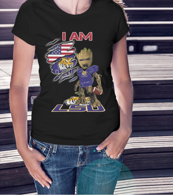 I AM LSU Baby Groot LSU Football Tigers American Flag T-Shirt