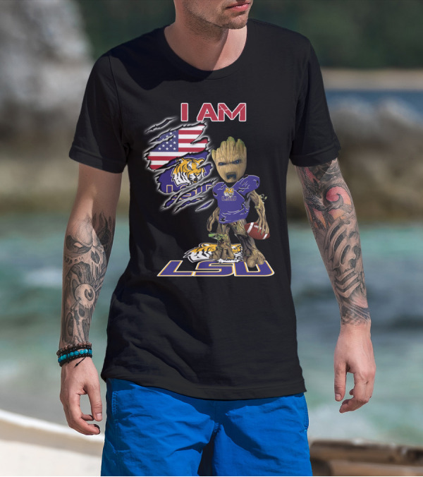 I AM LSU Baby Groot LSU Football Tigers American Flag T-Shirt