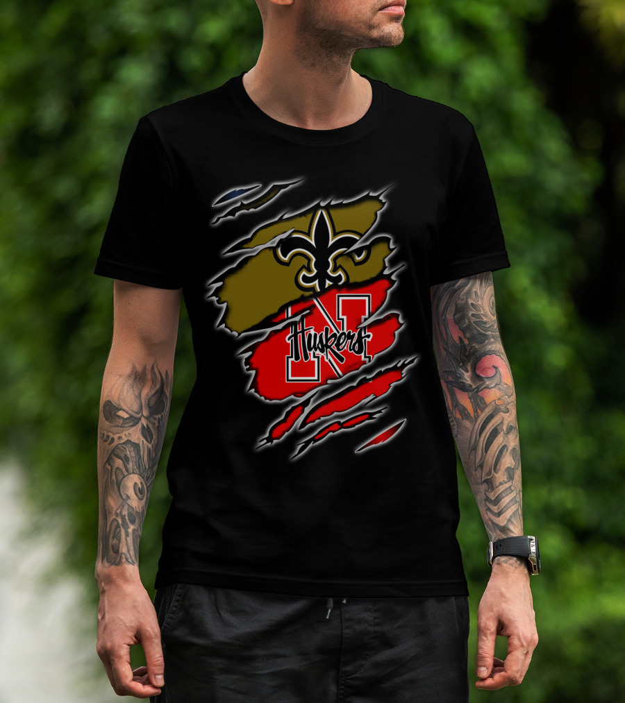 Huskers N Logo And Fleur-de-Lis Saints Logo Claw T-Shirt