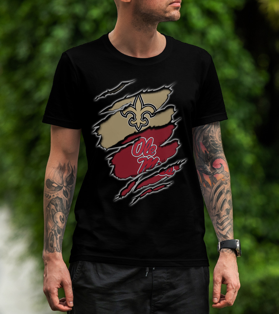 Saints Fleur-de-Lis And Ole Miss Logo Claw Mark T-Shirt