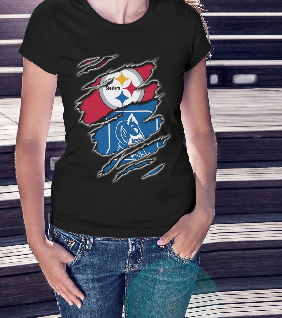 Steelers Duke Blue Devils Ripped Emblem Combination T-Shirt