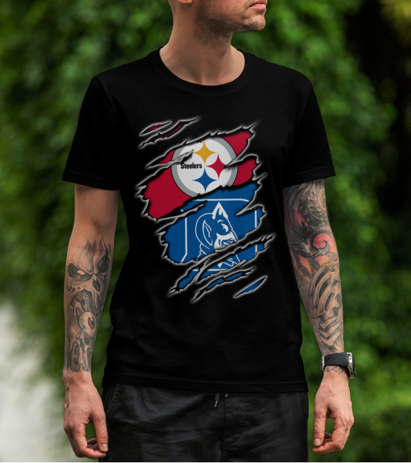 Steelers Duke Blue Devils Ripped Emblem Combination T-Shirt