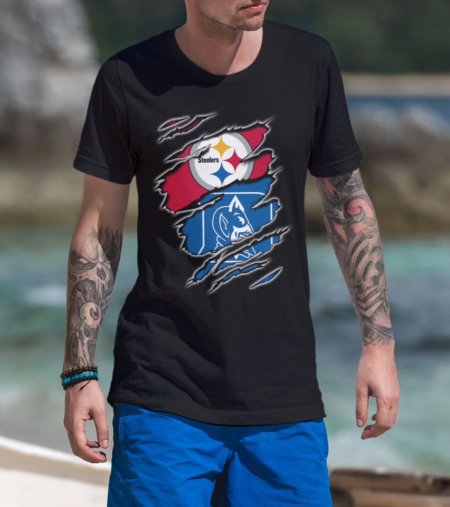 Steelers Duke Blue Devils Ripped Emblem Combination T-Shirt